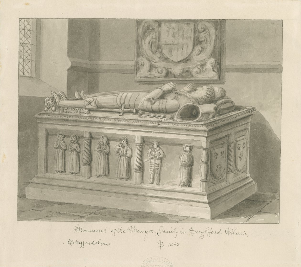 Iglesia de Seighford - Tumba de William y Mercy Bowyer: dibujo en sepia, 1842 de John Buckler