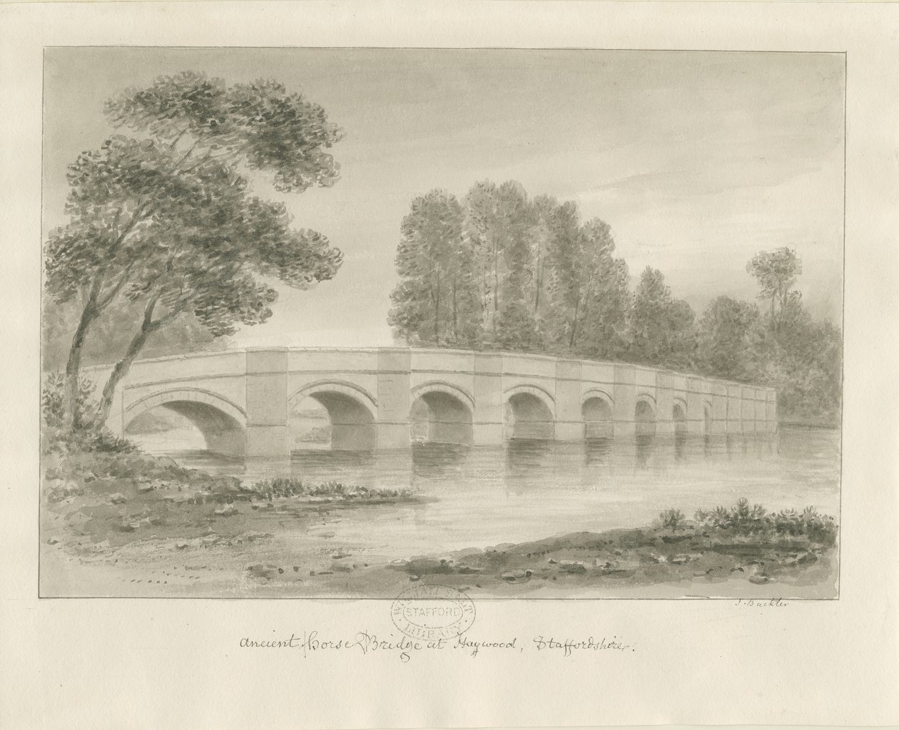 Puente Shugborough: dibujo en sepia de John Buckler