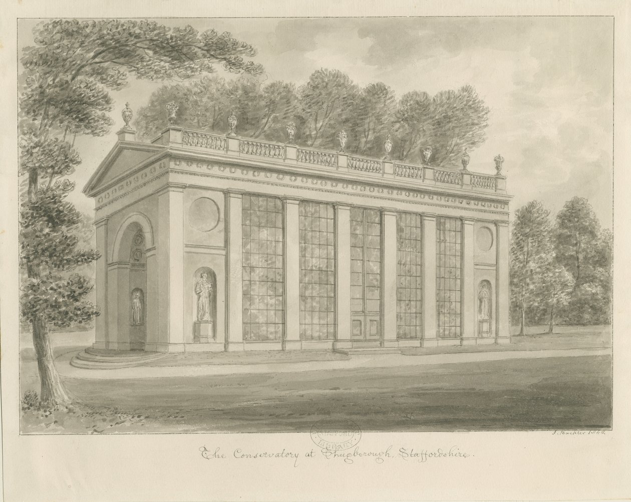 Shugborough Hall - Conservatorio: dibujo en sepia de John Buckler