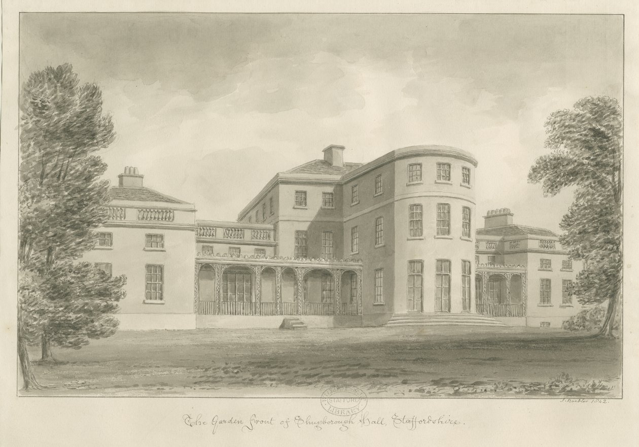 Salón Shugborough - Frente del jardín: dibujo en sepia, 1842 de John Buckler