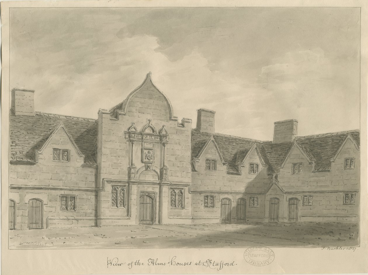 Stafford - Casas de Beneficencia: dibujo en sepia, 1837 de John Buckler