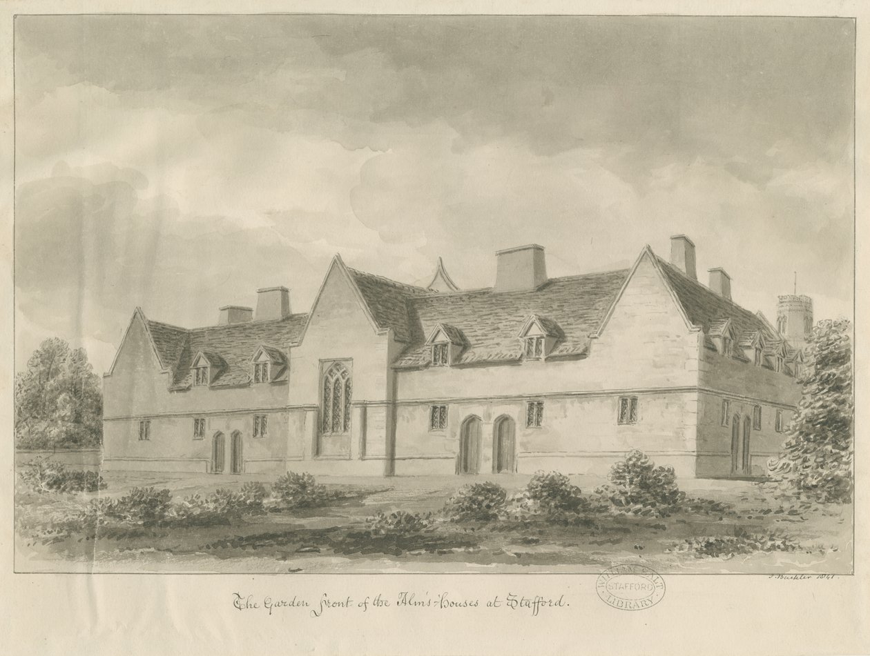 Stafford - Casas de beneficencia: dibujo en sepia, 1841 de John Buckler