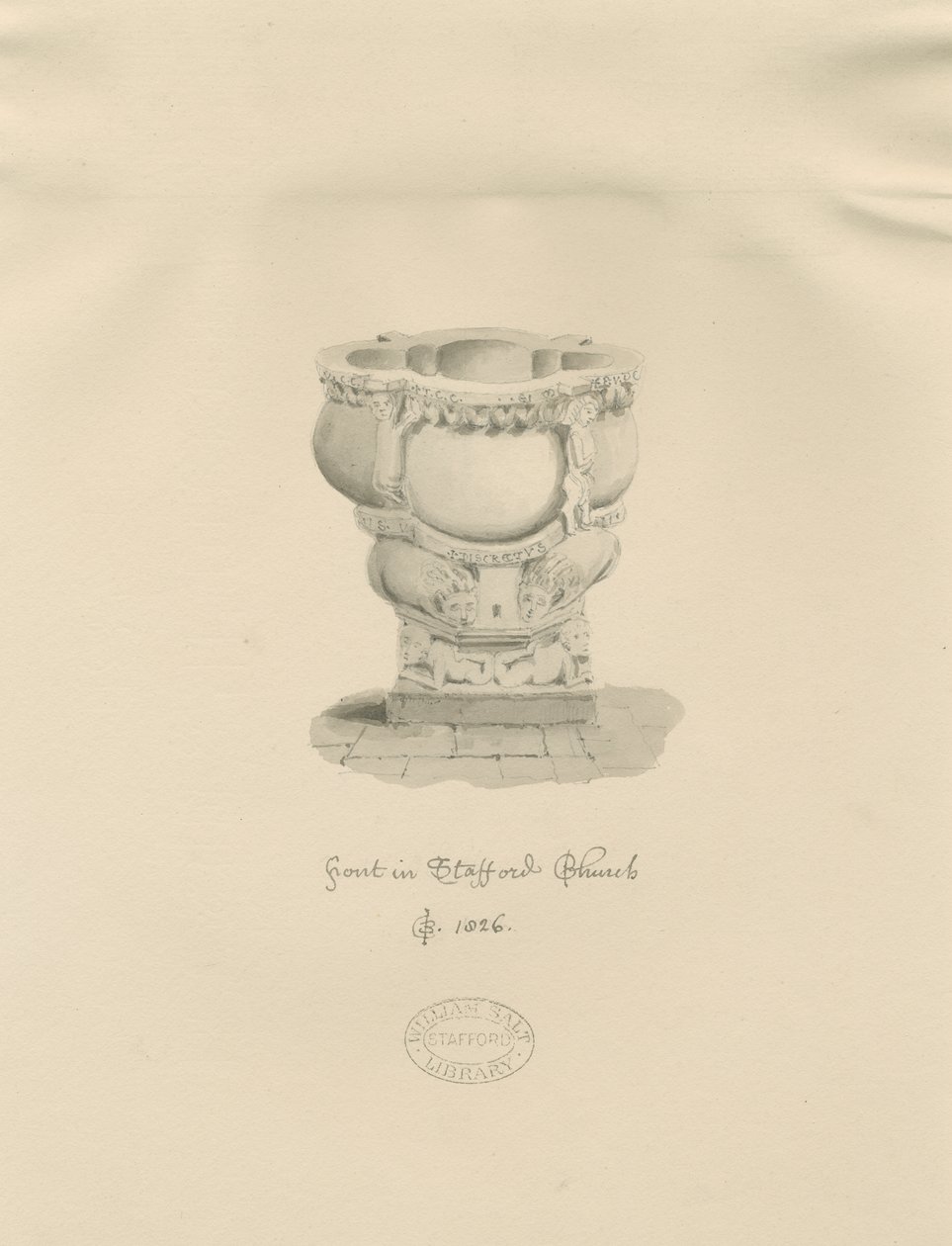 Stafford - Pila bautismal en la Iglesia de Santa María: dibujo en sepia, 1826 de John Buckler