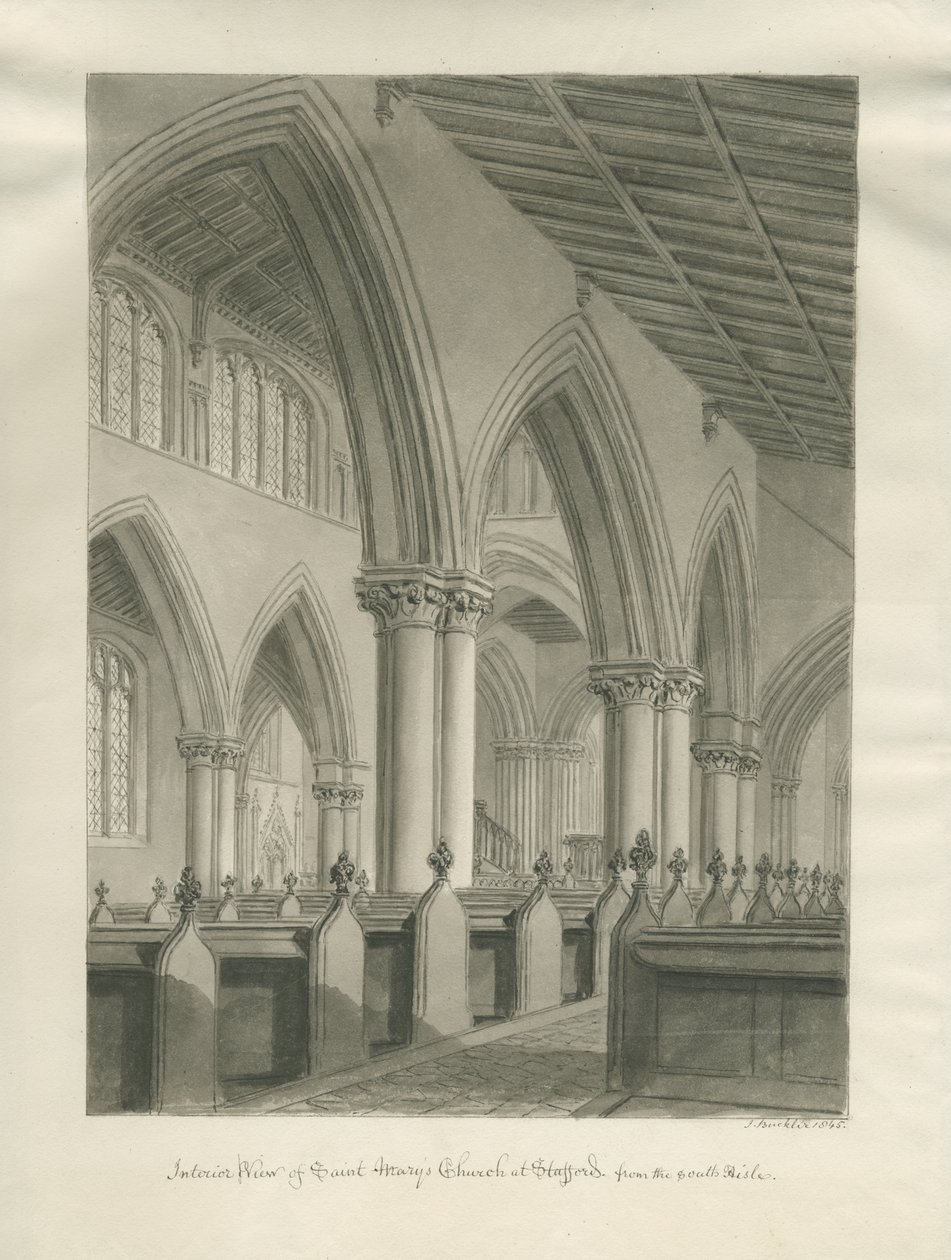 Stafford - Interior de la Iglesia de Santa María: dibujo en sepia, 1845 de John Buckler