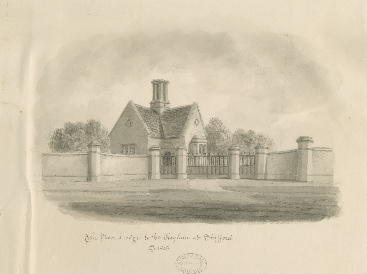 Stafford - New Lodge al Asilo: dibujo en sepia, 1843 de John Buckler
