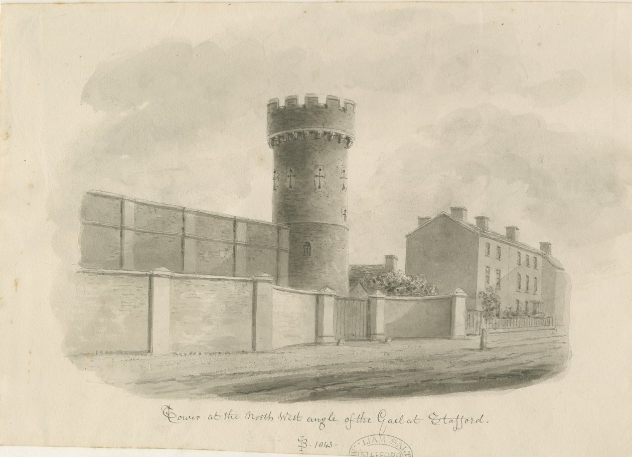 Stafford - Torre Redonda de la Cárcel: dibujo en sepia, 1843 de John Buckler