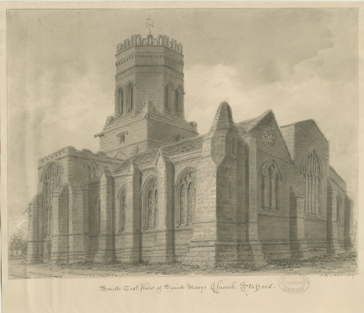 Stafford - Iglesia de St. Mary: dibujo en sepia, 1837 de John Buckler