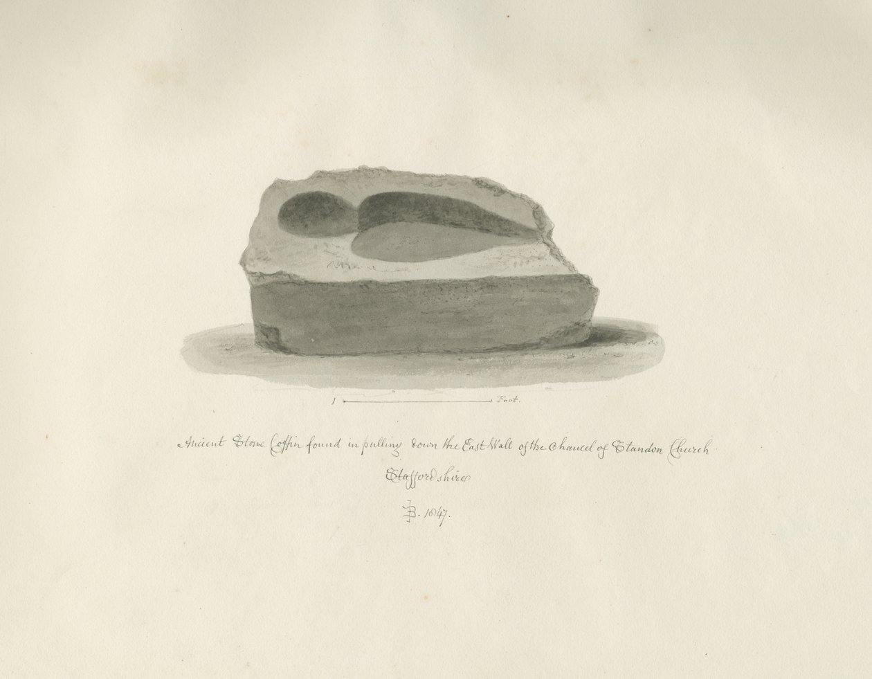 Iglesia de Standon: Antiguo Ataúd de Piedra: dibujo a tinta sepia, 1847 de John Buckler