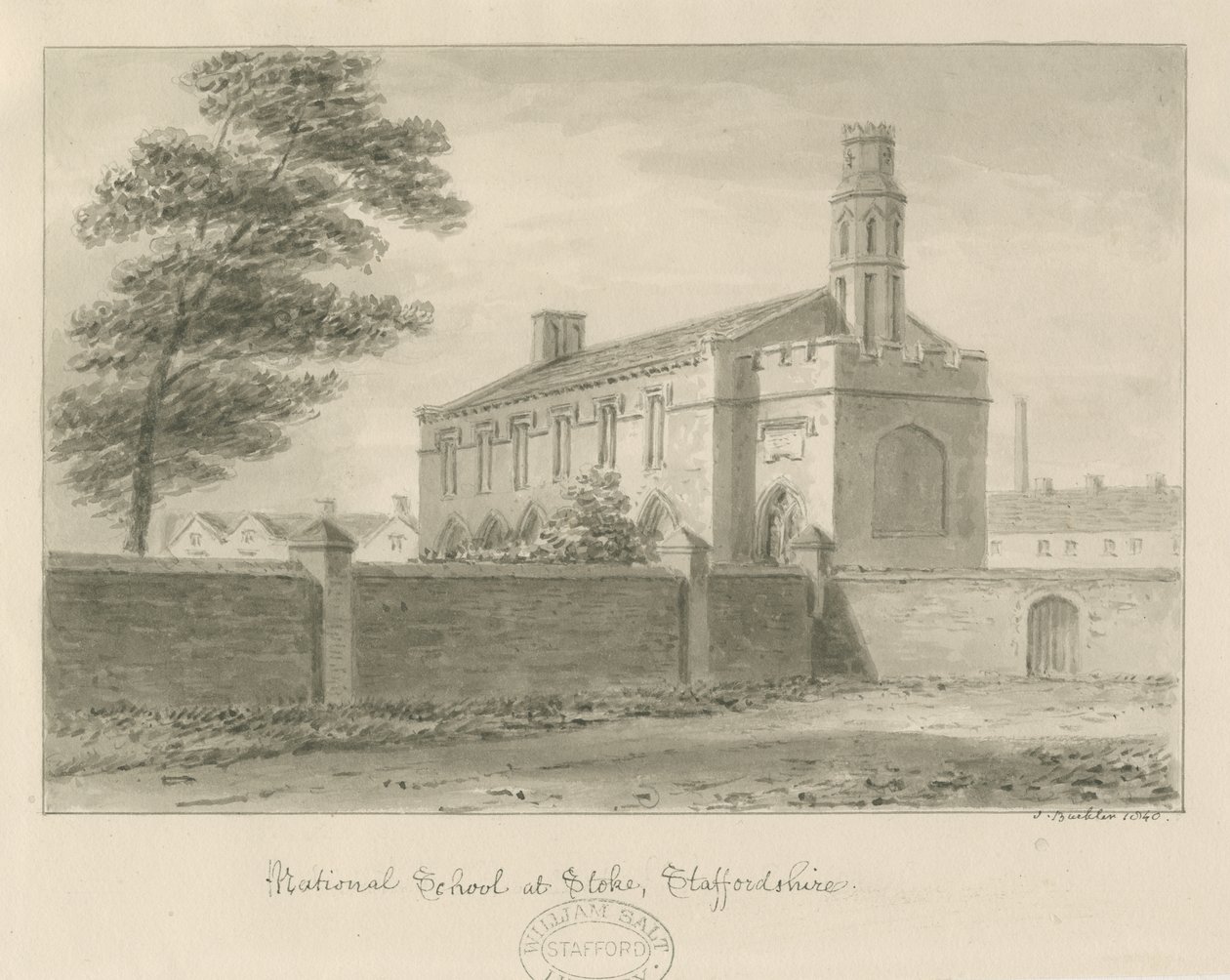 Stoke-upon-Trent - Escuela Nacional: dibujo en sepia, 1840 de John Buckler
