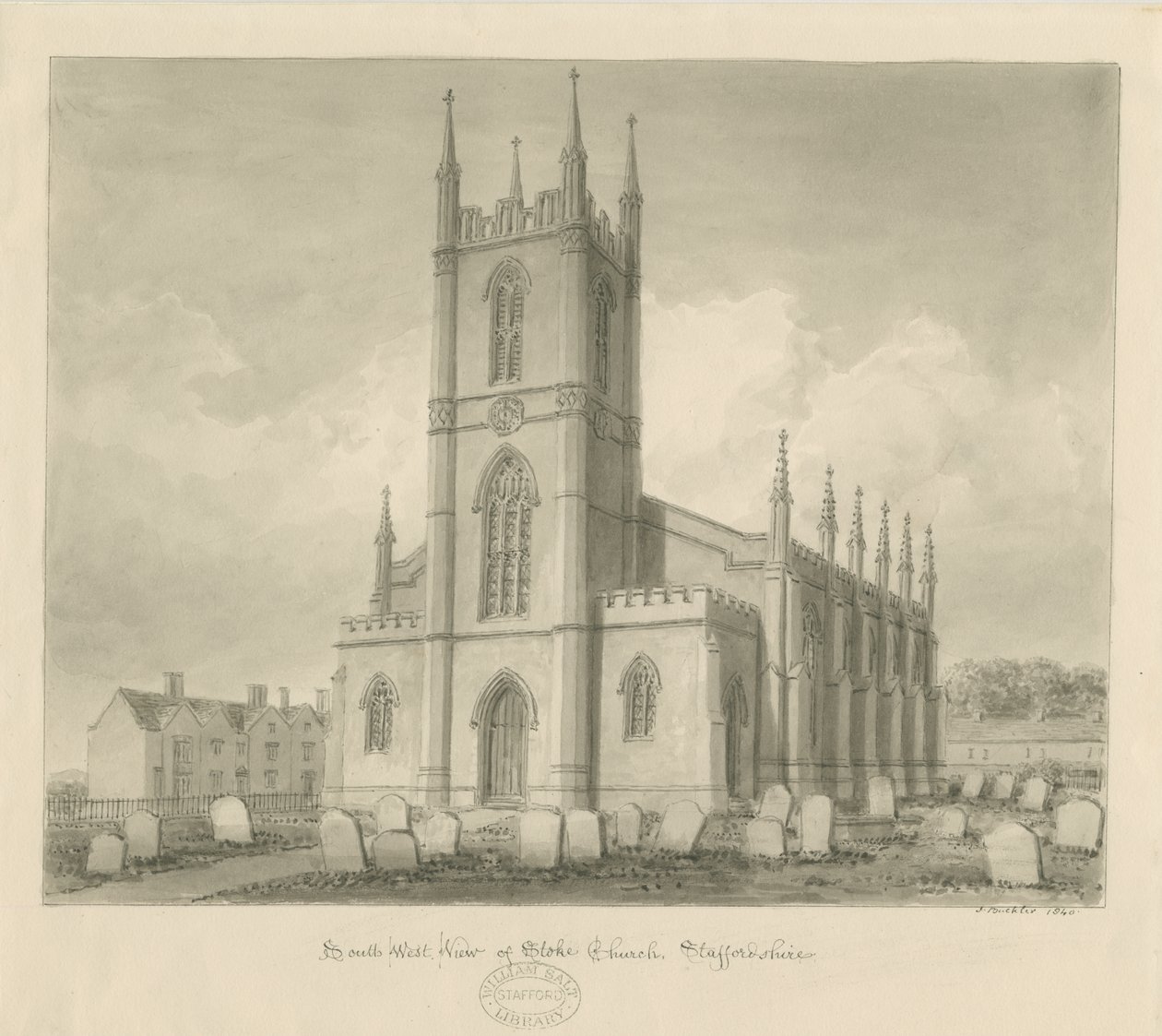 Iglesia de Stoke-upon-Trent [Nueva]: dibujo en sepia de John Buckler