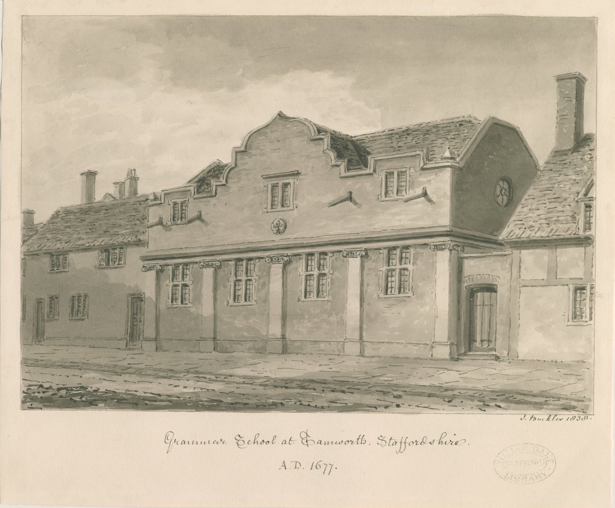 Tamworth - Escuela de Gramática: dibujo en sepia, 1838 de John Buckler
