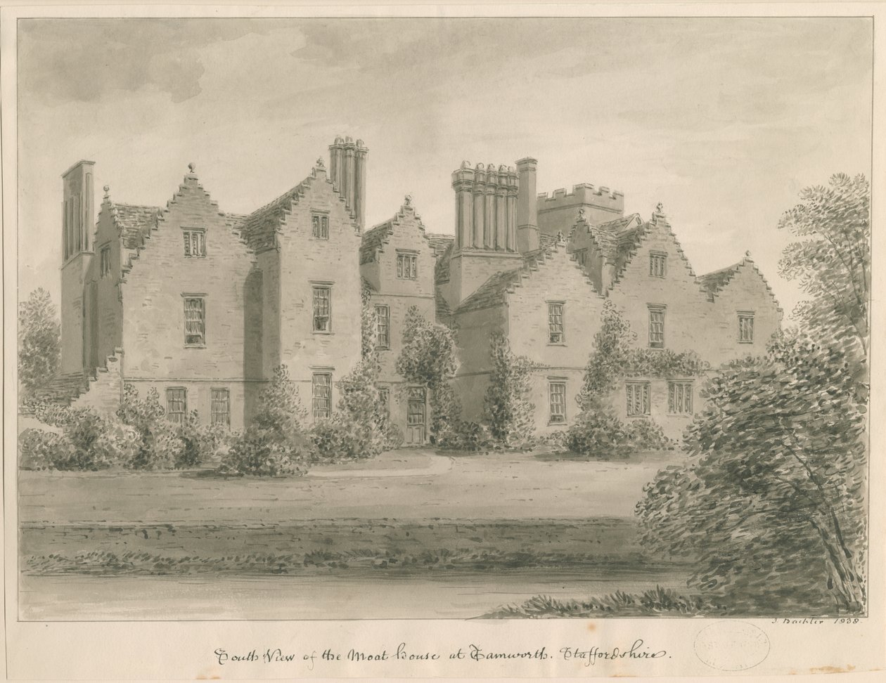 Tamworth - La Casa del Foso: dibujo en sepia de John Buckler