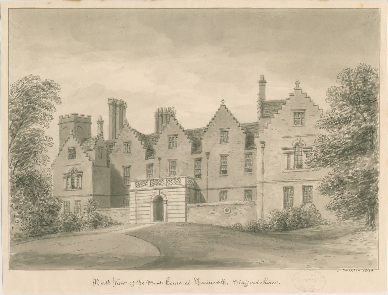 Tamworth - The Moat House: dibujo en sepia de John Buckler
