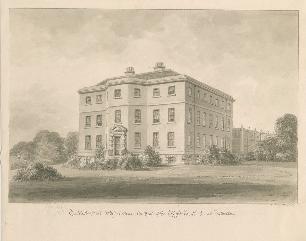 Teddesley Hall: dibujo en sepia, 1841 de John Buckler