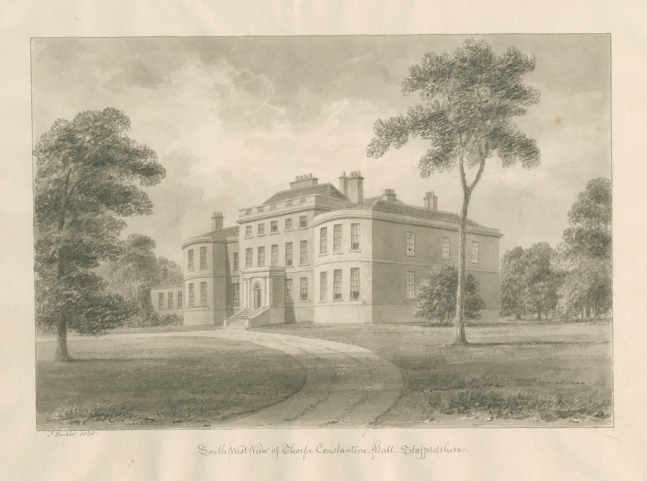 Thorpe Constantine Hall: dibujo en sepia, 1848 de John Buckler