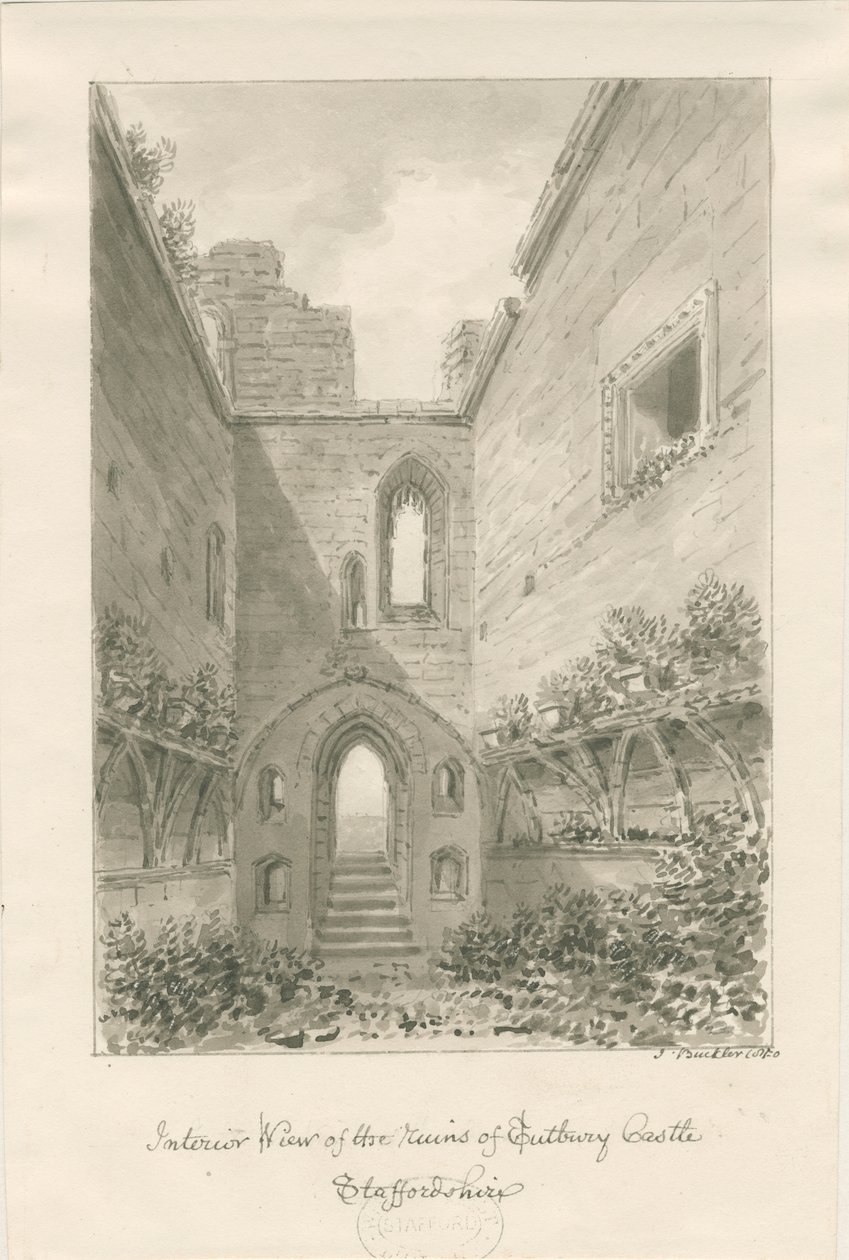 Castillo de Tutbury - Interior de las ruinas: dibujo en sepia de John Buckler