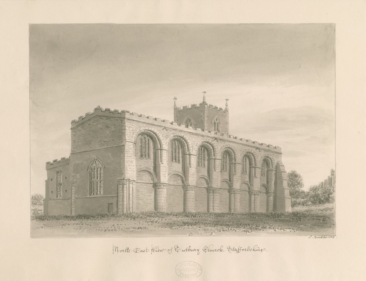 Iglesia Prioral de Tutbury: dibujo en sepia, 1812 de John Buckler