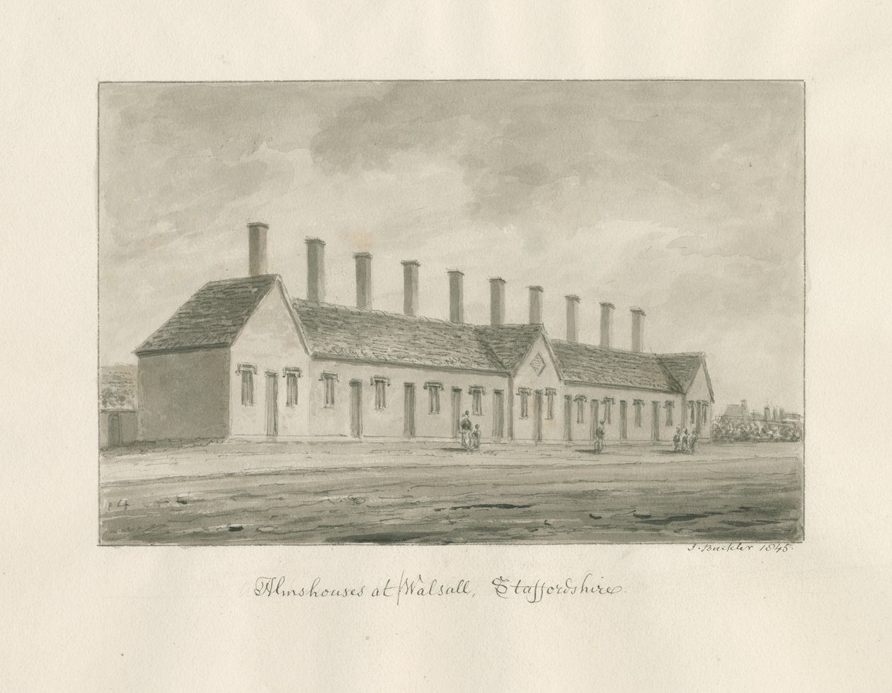 Walsall - Casas de Beneficencia: dibujo en sepia de John Buckler