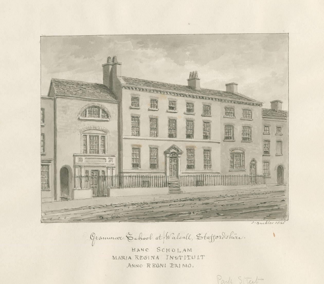 Walsall Town - Escuela de Gramática: dibujo en sepia, 1845 de John Buckler