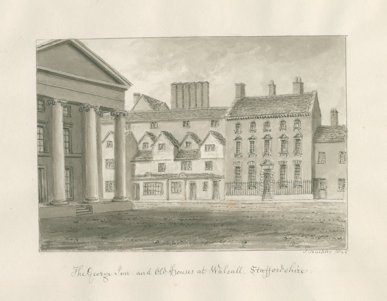 Walsall Town - The George Inn: dibujo a tinta sepia de John Buckler