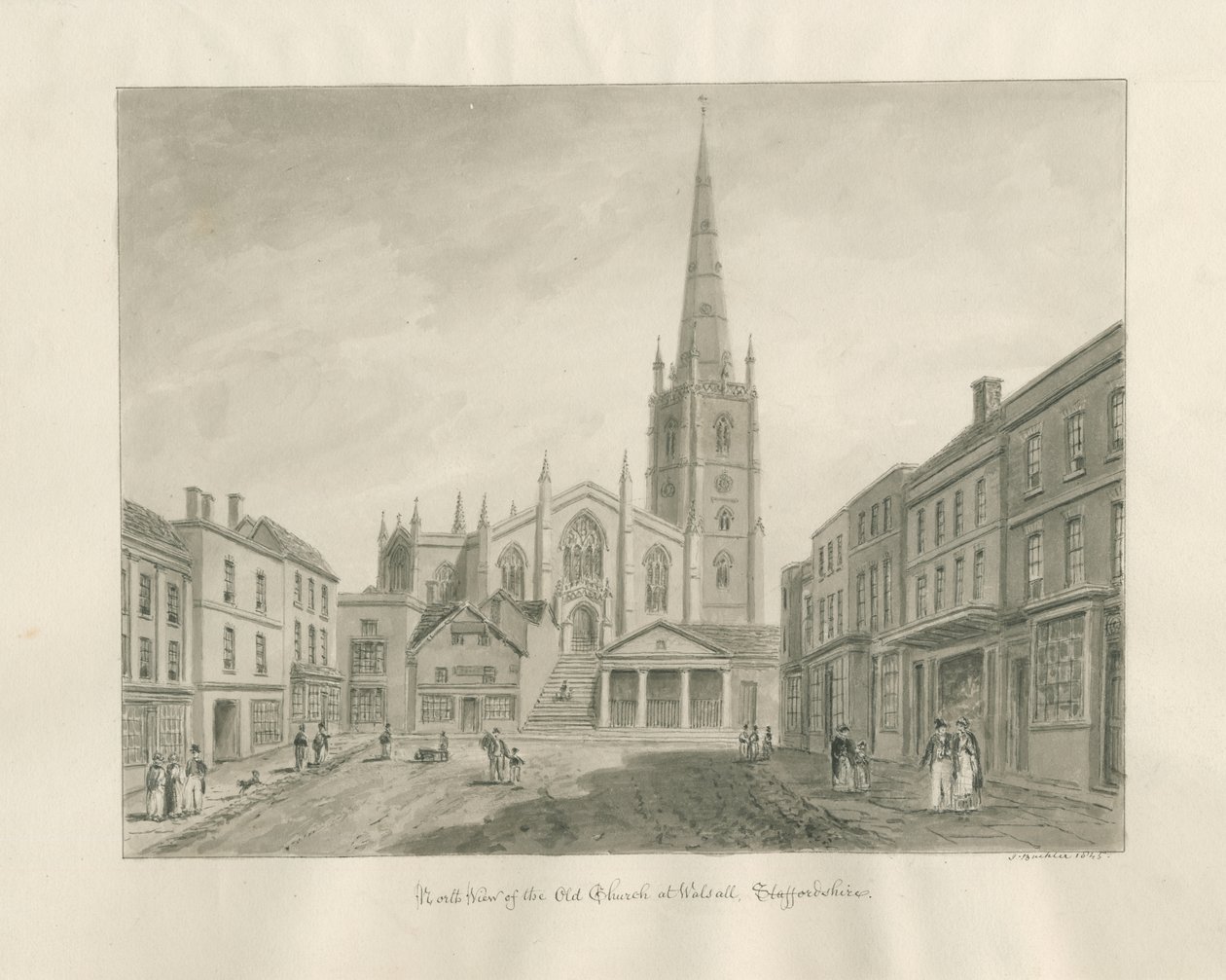 Ciudad y Iglesia de Walsall: dibujo en sepia de John Buckler
