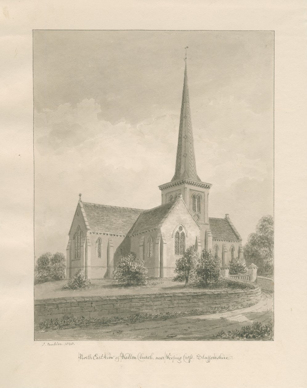 Iglesia de Walton-on-the-Hill: dibujo en sepia de John Buckler