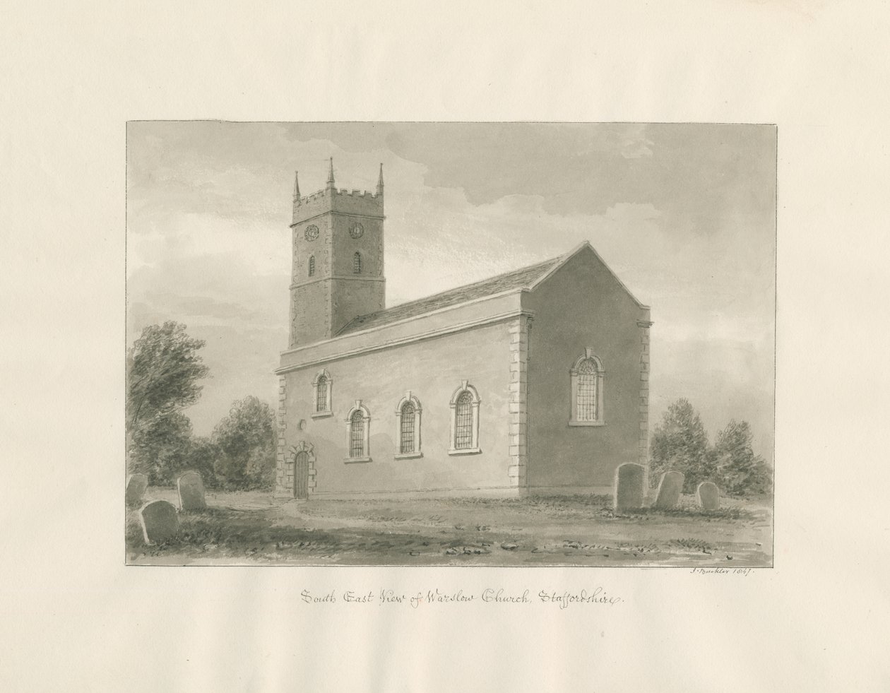 Iglesia de Warslow: dibujo en sepia de John Buckler