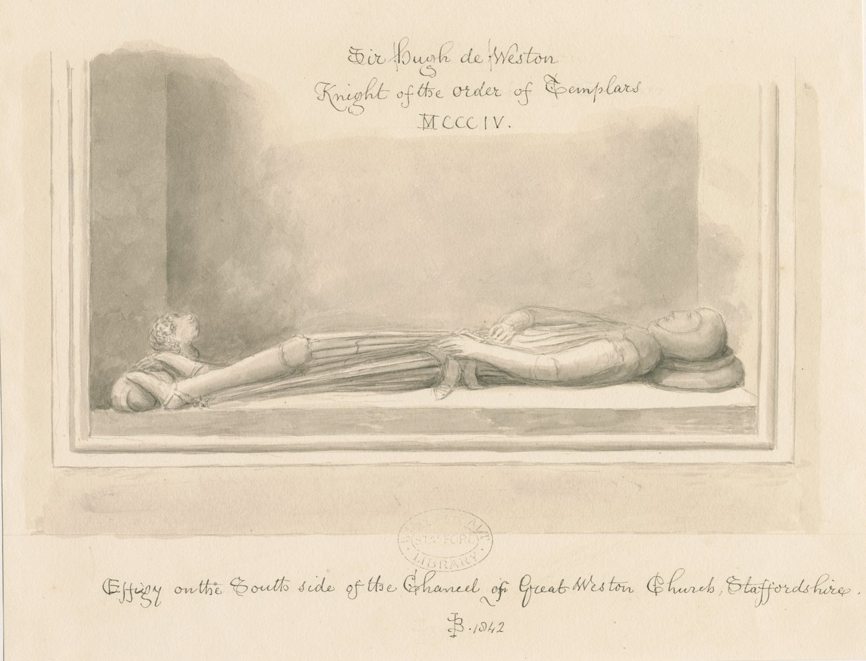 Iglesia de Weston-under-Lizard - Efigie de Sir Hugh de Weston: dibujo en sepia, 1842 de John Buckler