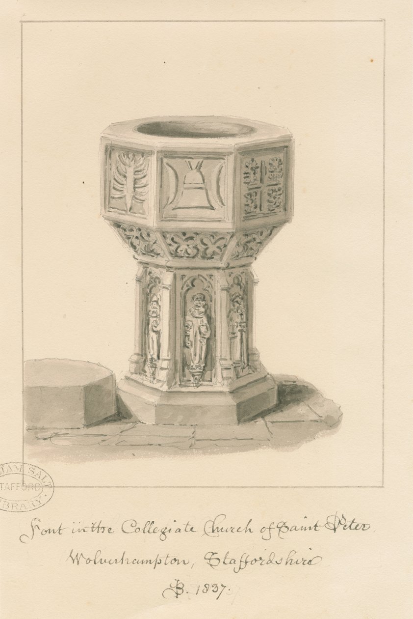 Wolverhampton - Pila bautismal en la Iglesia de San Pedro: dibujo en sepia, 1837 de John Buckler