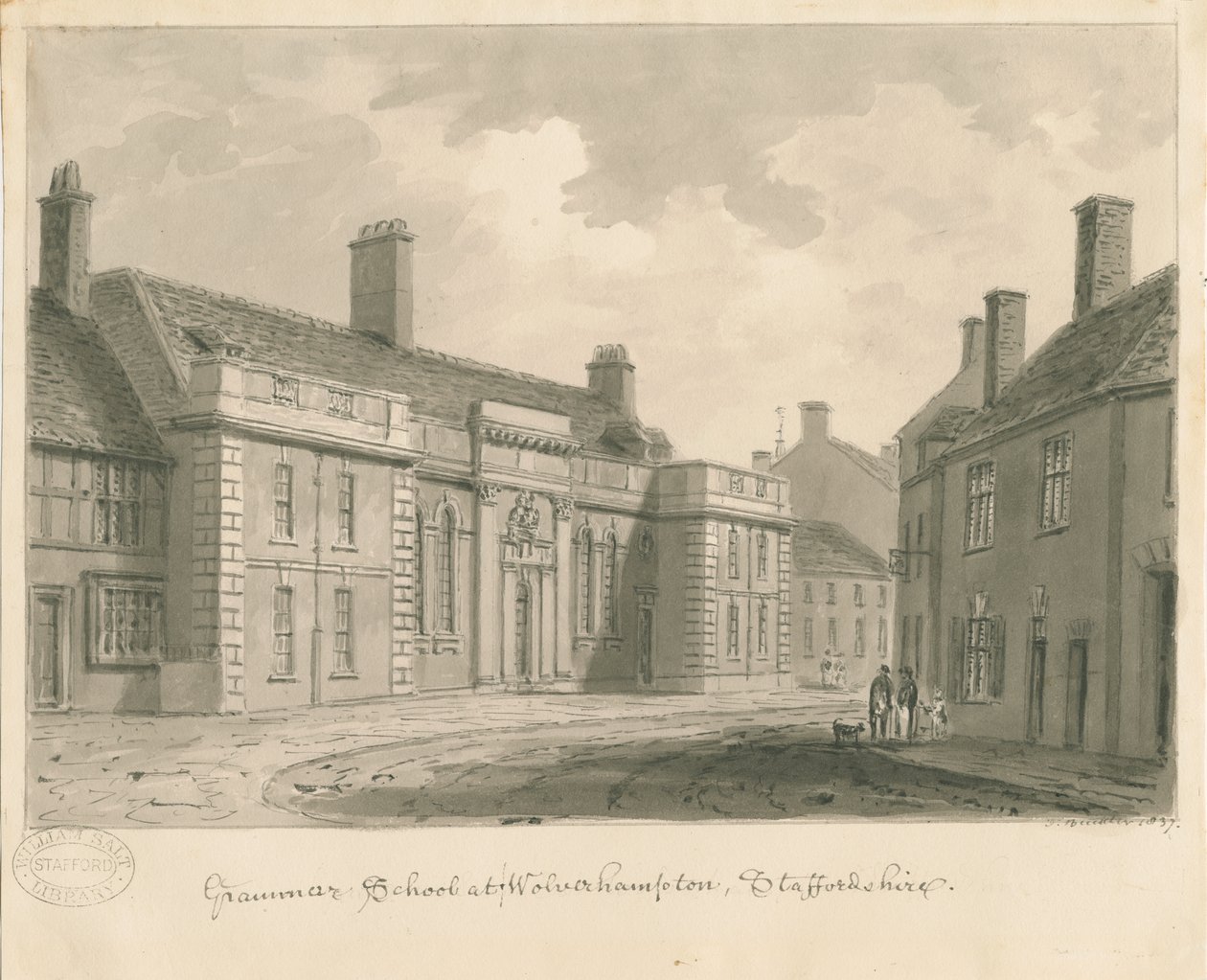 Wolverhampton - Escuela de Gramática: dibujo en sepia, 1837 de John Buckler