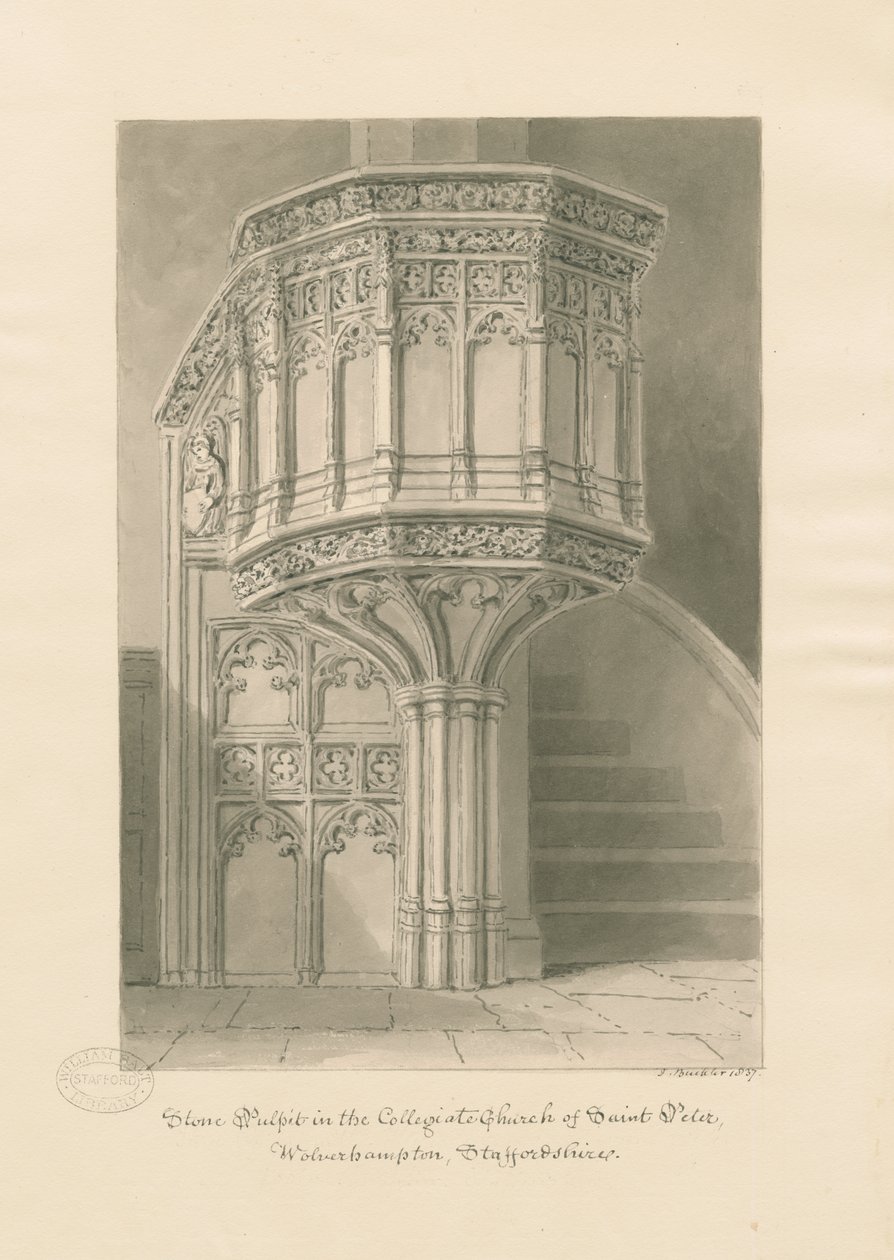 Wolverhampton - Púlpito de Piedra en la Iglesia de San Pedro: dibujo en sepia de John Buckler