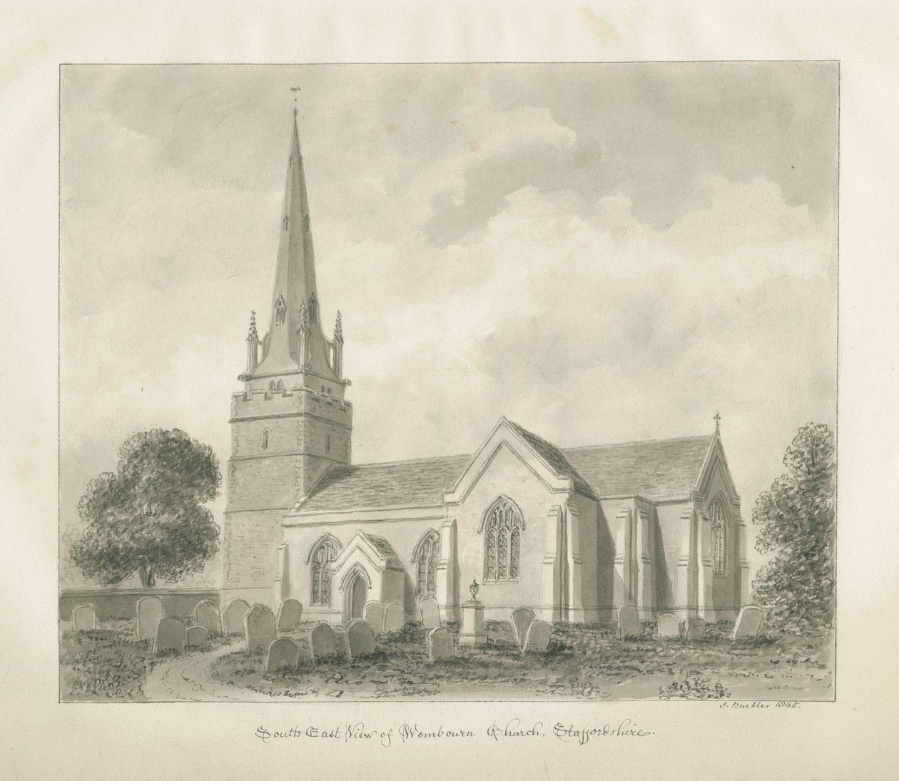 Iglesia de Wombourne: dibujo en sepia, 1845 de John Buckler