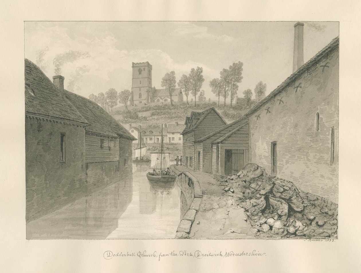 Worcestershire - Droitwich - Vista Distante de la Iglesia de Dodderhill de John Buckler