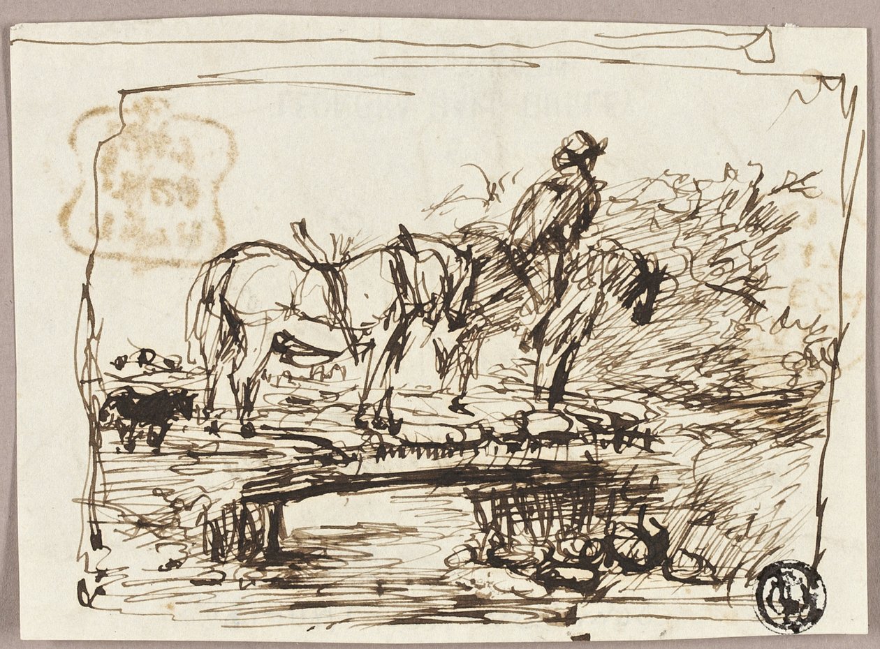 Boceto de caballos cruzando un puente de John Burnet