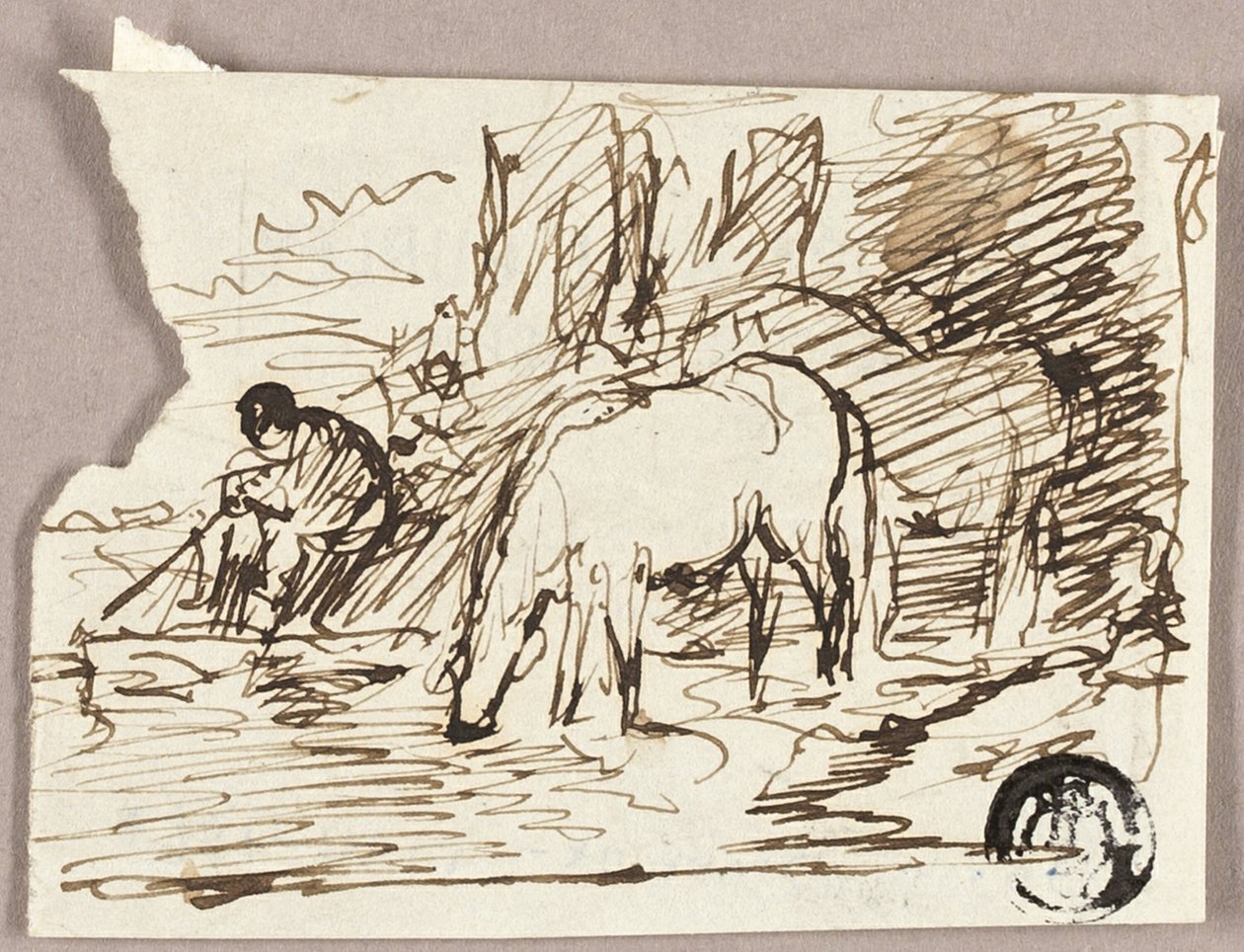 Boceto de caballos bebiendo agua y pescador de John Burnet