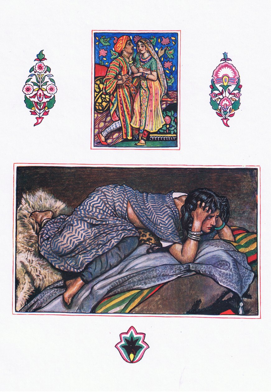 Canción de los gitanos abandonados: Campamento en la ladera, ilustración de El jardín de Kama (y otras letras de la India), 1920 de John Byam Liston Shaw