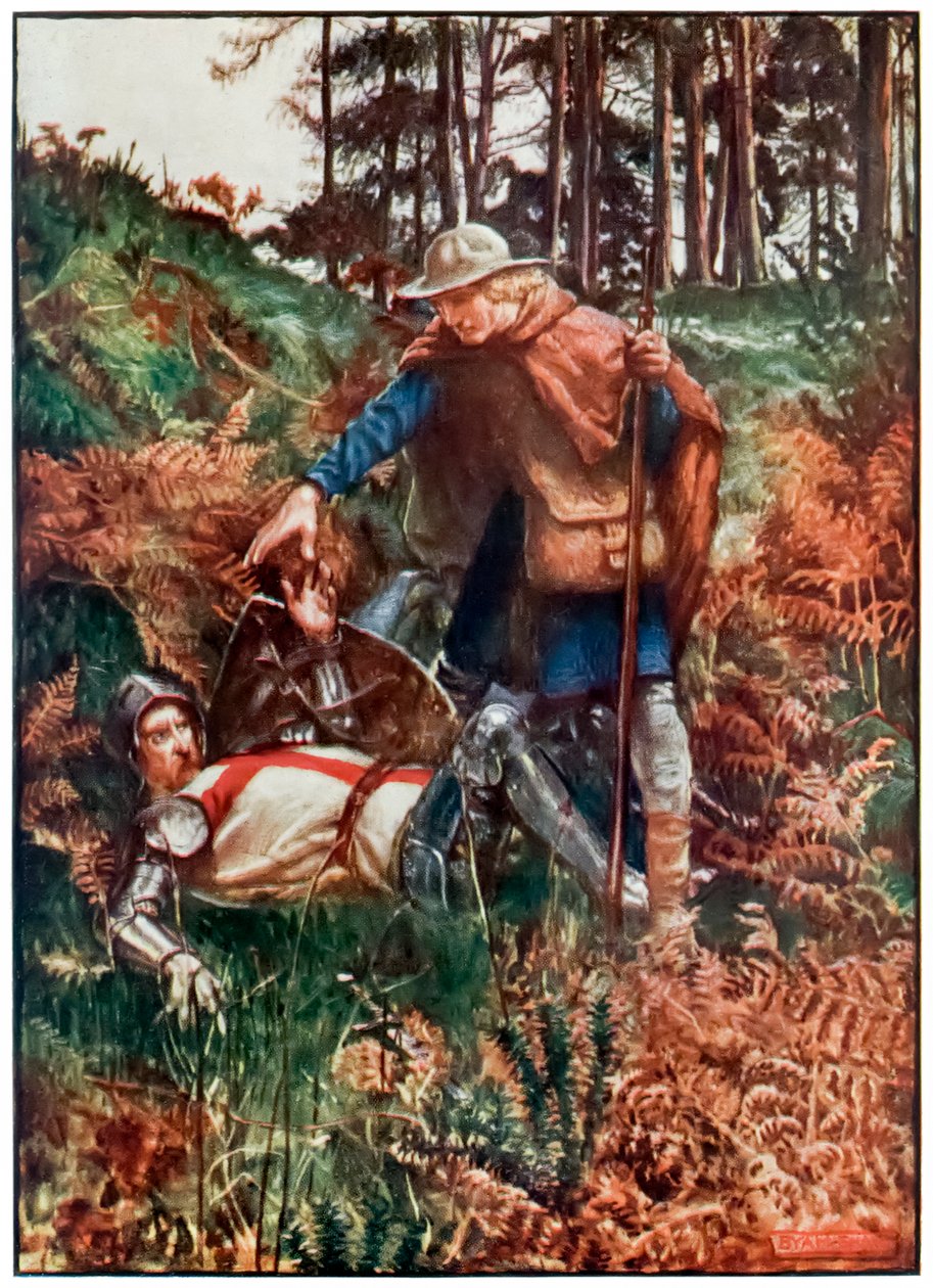 Fiel ayuda a Cristiano a levantarse después de su caída de El progreso del peregrino de este mundo al venidero por John Bunyan (1628-1688) Ilustración de Byam Shaw (1872-1919) mostrando a Cristiano siendo de John Byam Liston Shaw