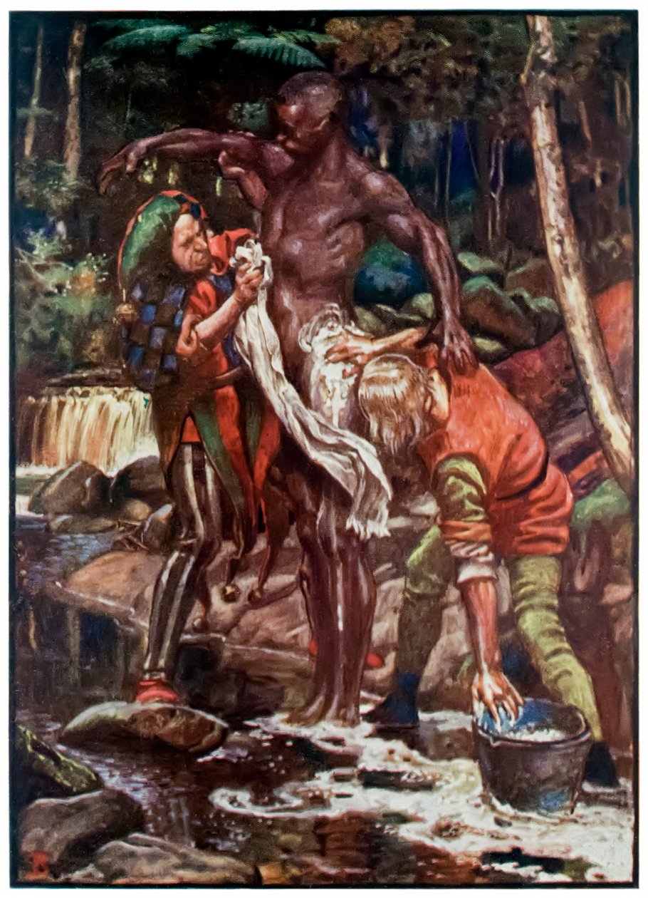 El tonto y el sin-juicio lavando al etíope de El progreso del peregrino de este mundo al venidero por John Bunyan (1628-1688) Ilustración de Byam Shaw (1872-1919), tratando de lavar al etíope de John Byam Liston Shaw
