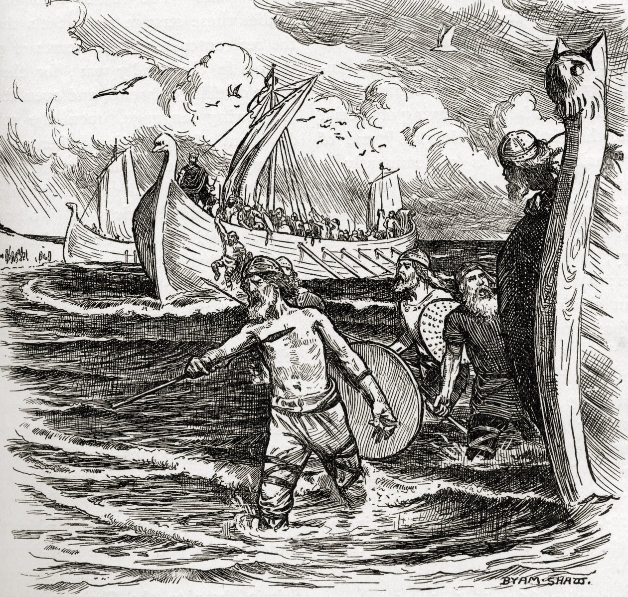 El desembarco de los jutos en la Isla de Thanet, Kent, Inglaterra, 449 d.C., del libro 