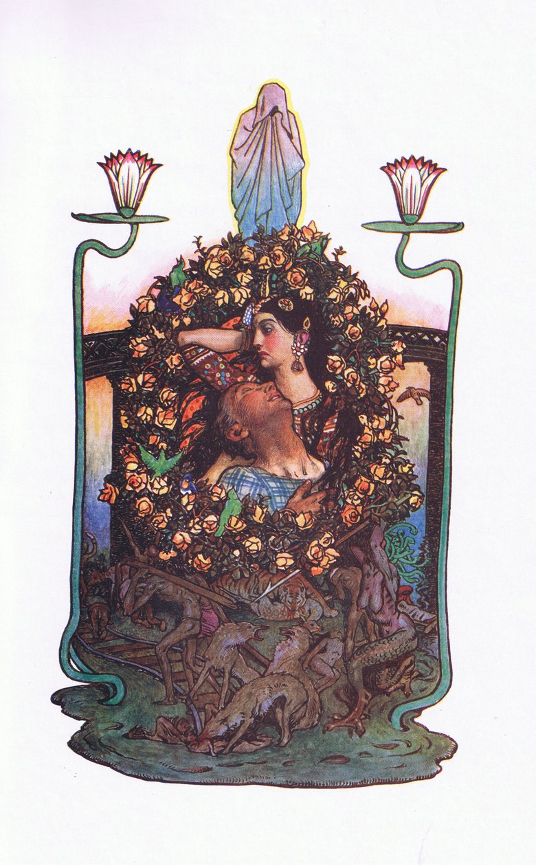 El jardín junto al puente, ilustración de El jardín de Kama (y otras letras de la India), 1920 de John Byam Liston Shaw