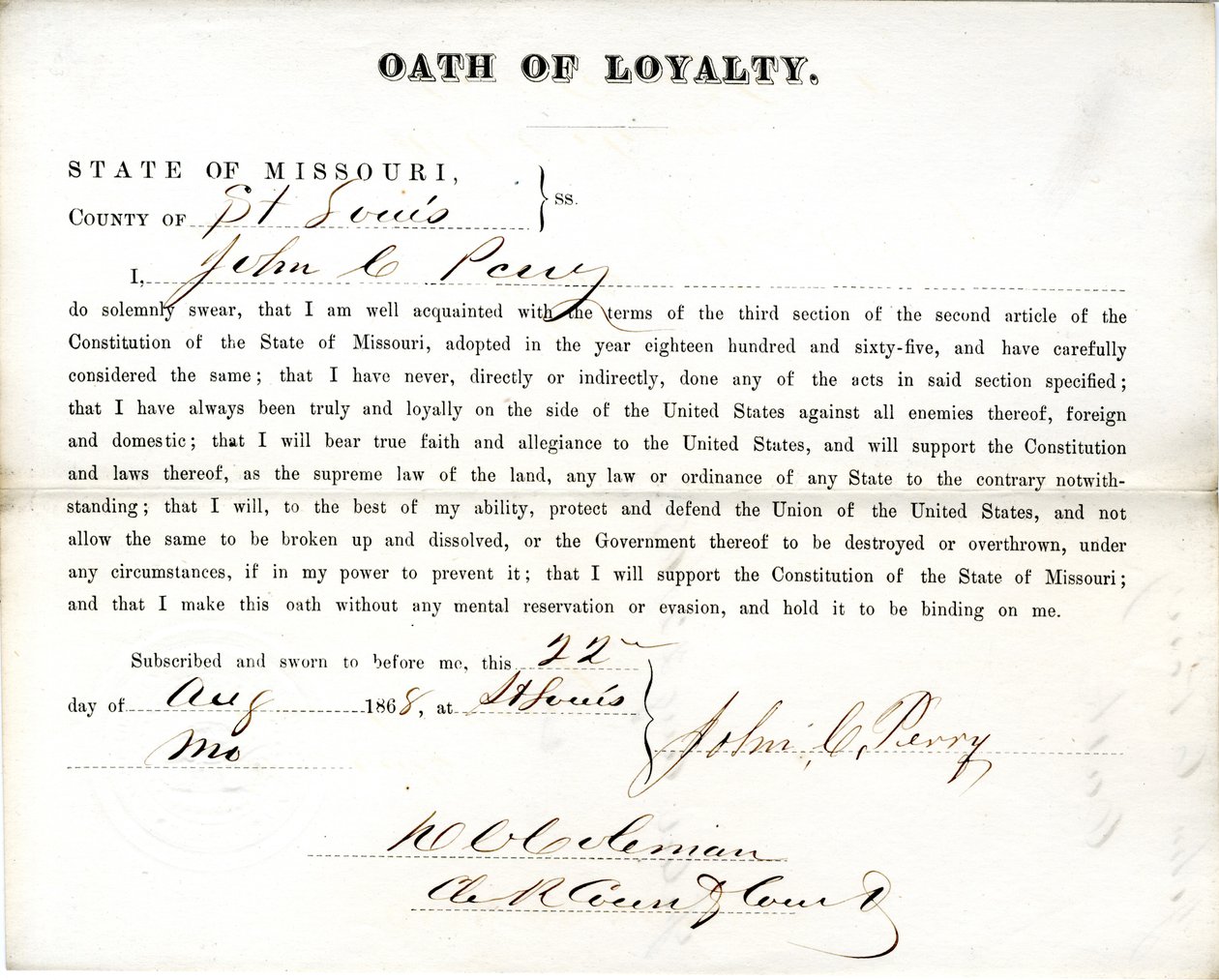 Juramento de lealtad de John C. Perry de Missouri, Condado de St. Louis de John C. Perry