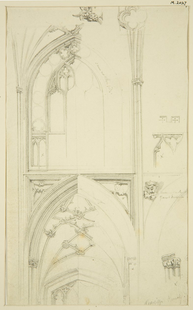 Detalles de la tracería de la ventana del triforio y la bóveda de la nave inferior en St Mary Redcliffe de John Carter