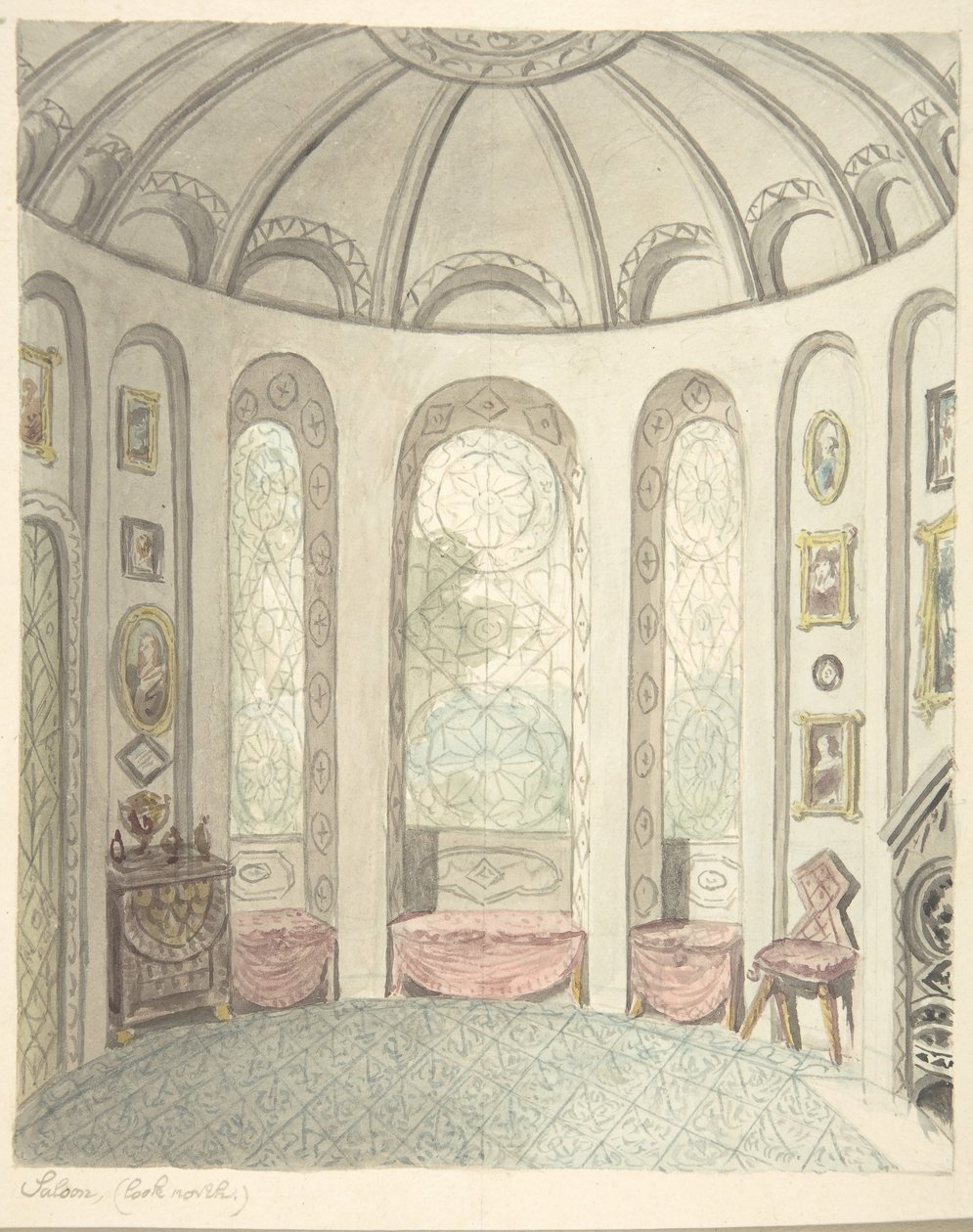 Castillo de Lea, Worcestershire, Salón, mirando al norte, ca. 1816 de John Carter.