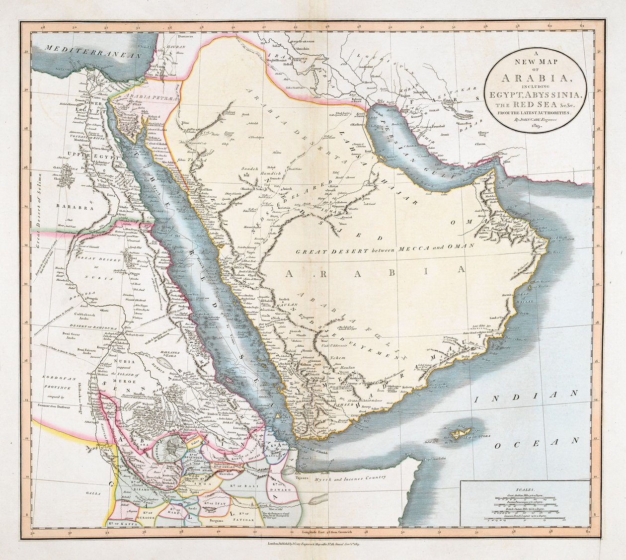 Un Nuevo Mapa de Arabia, incluyendo Egipto, Abisinia, el Mar Rojo amp; c. amp; c. de las últimas Autoridades. de John Cary