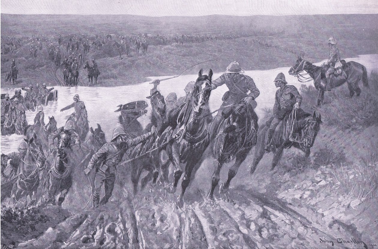 Artillería cruzando el Caledon en Karreepoort Drift (ilustración de After Pretoria: The Guerilla War, 1902) de John Charlton