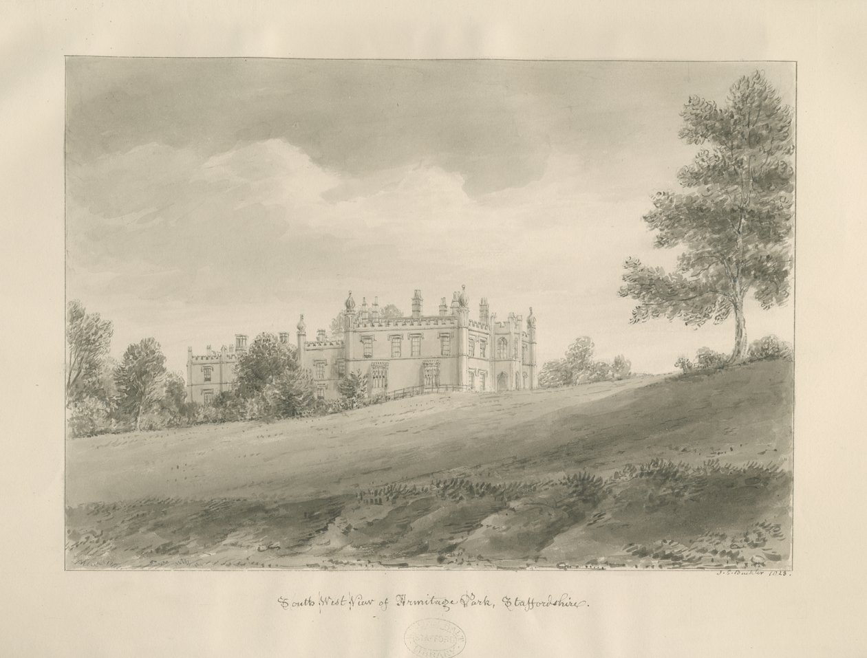 Parque de Armitage: dibujo en sepia de John Chessell Buckler