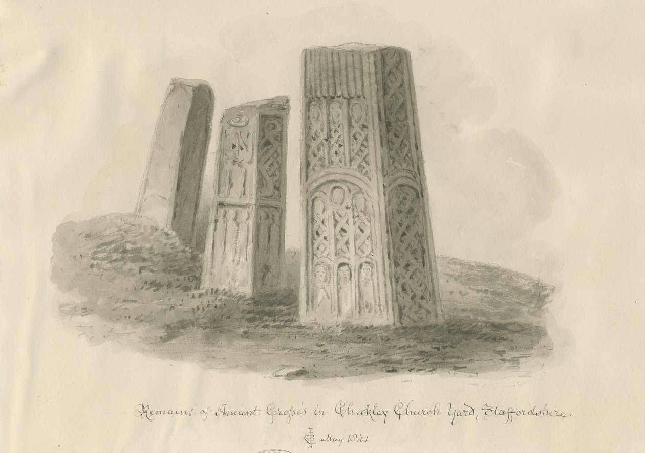 Iglesia de Checkley - Cruces antiguas: dibujo en sepia de John Chessell Buckler