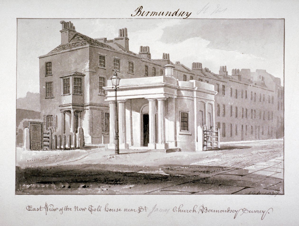 Vista este de la nueva casa de peaje cerca de la Iglesia de St James, Bermondsey, Londres de John Chessell Buckler