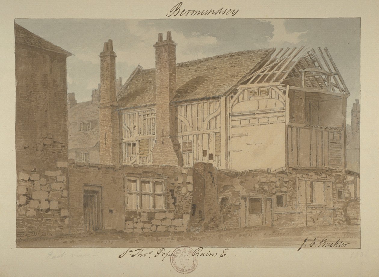 Vista este de las ruinas de Bermondsey House, 1838 de John Chessell Buckler