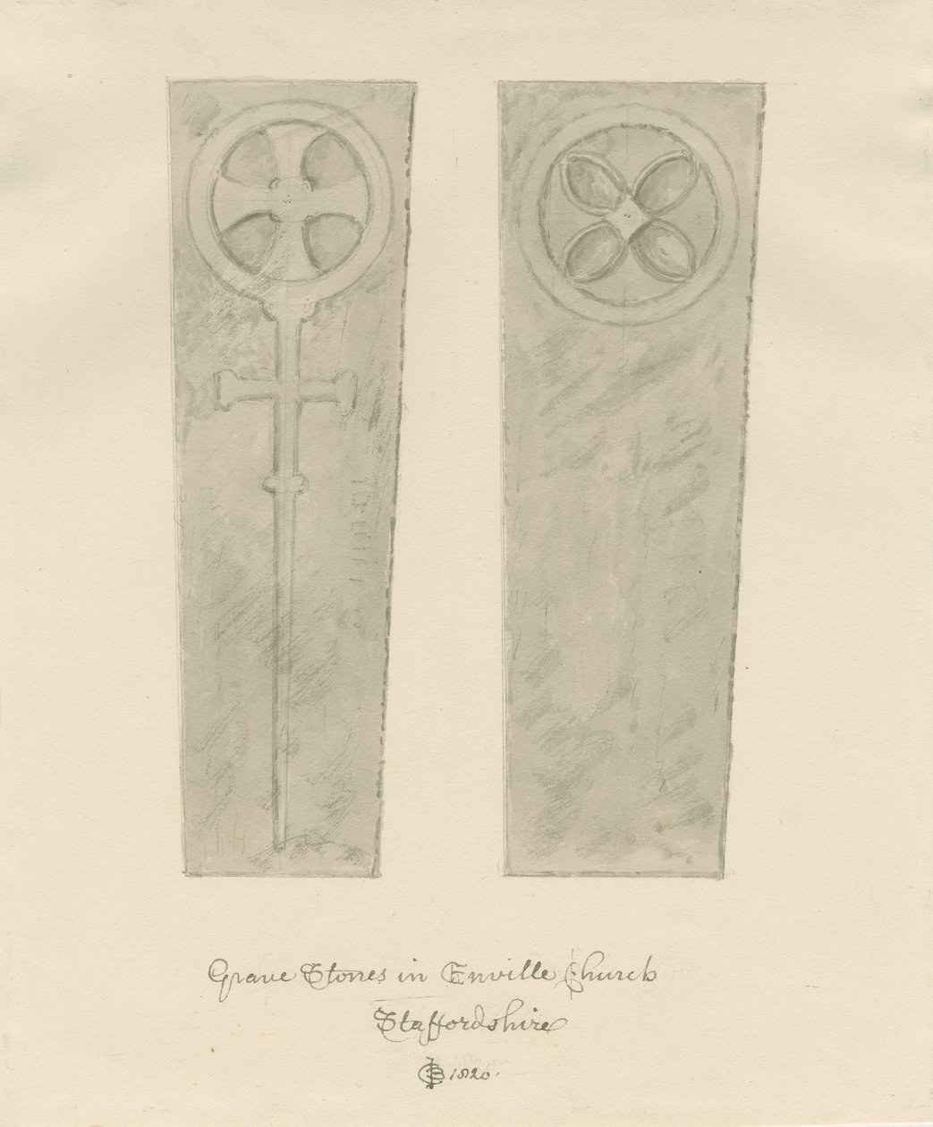 Iglesia de Enville - Lápidas: dibujo en sepia de John Chessell Buckler